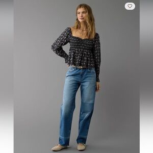 Aerie Long Sleeved Smocked Babydoll Blouse size Small!